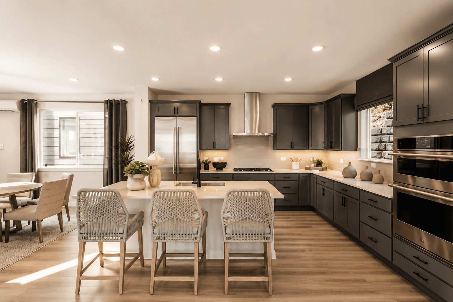 A kitchen with a large island.