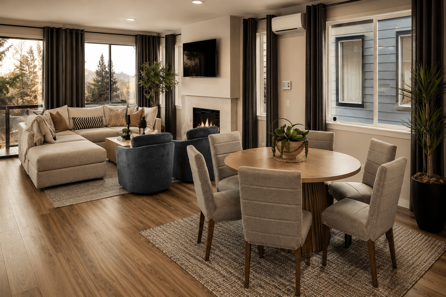 A living room with a table and chairs.
