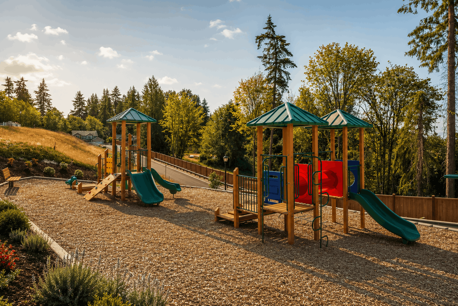 A playground with trees and a slide.