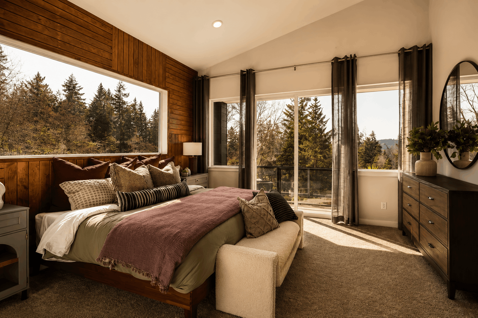 A bedroom with a large window.