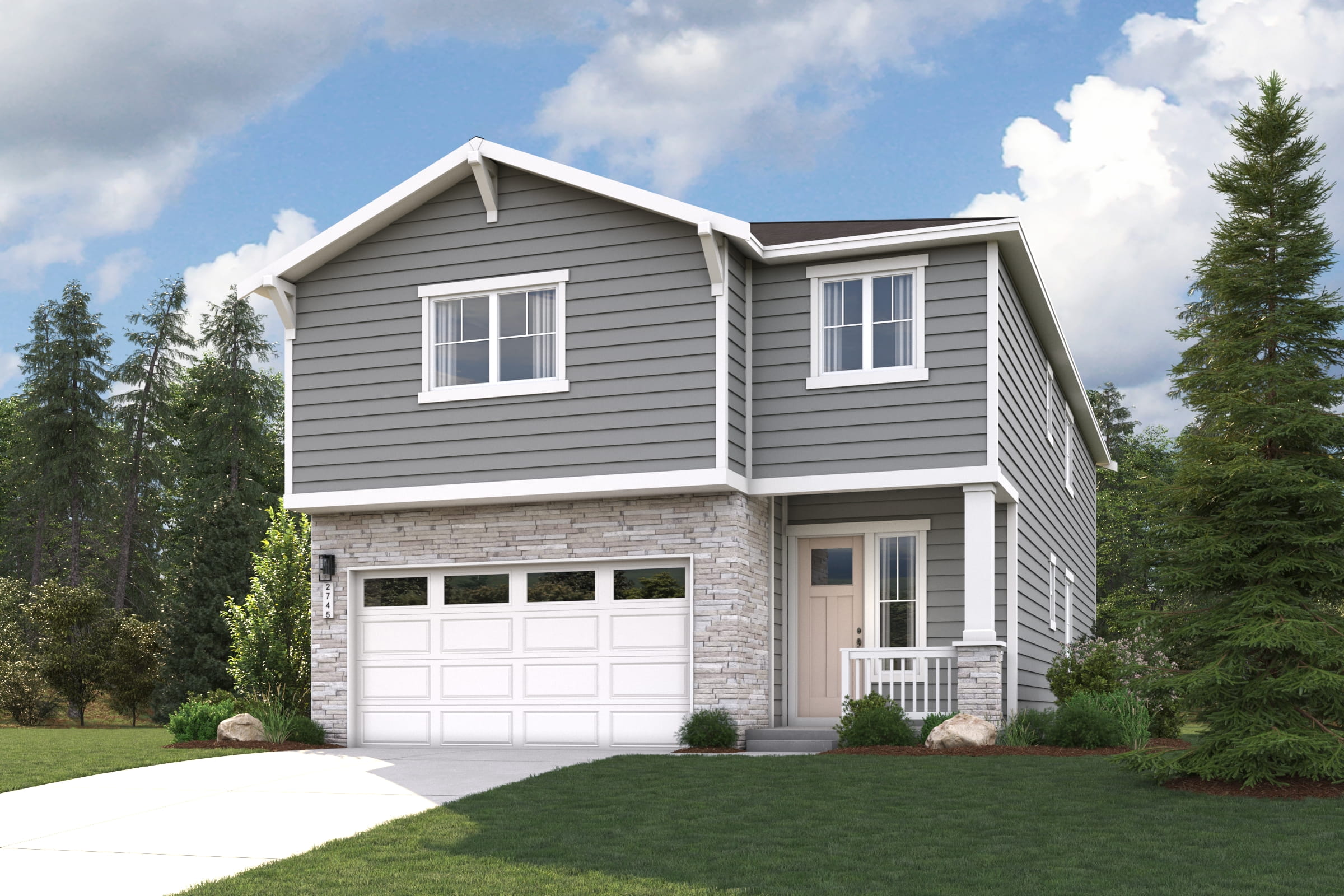 A house with a garage and trees around it.