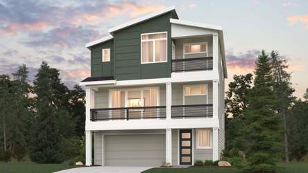 A house with trees around it.