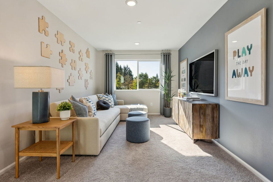 A living room with a couch and a tv.