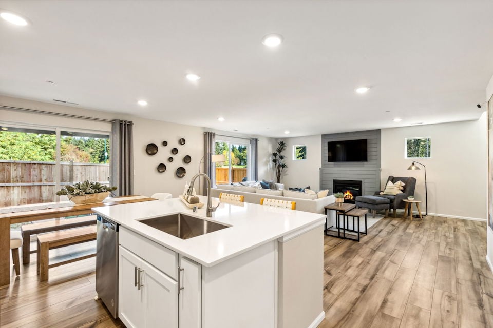 A kitchen with a large island.