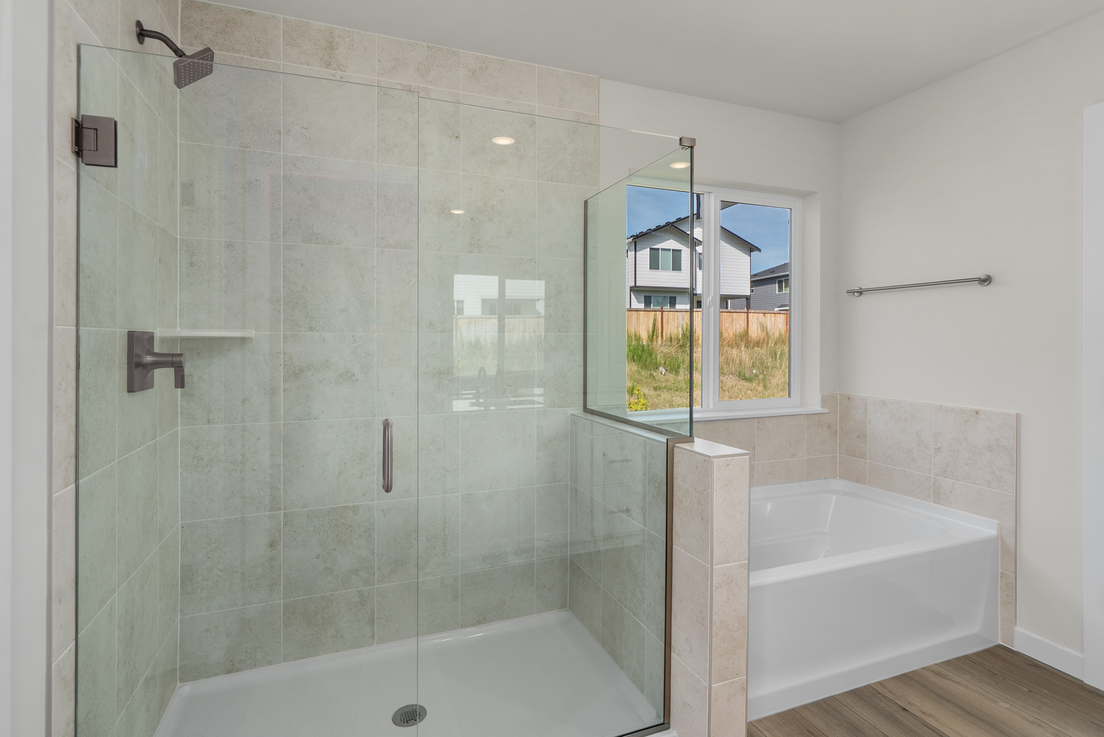 A bathroom with a glass shower.