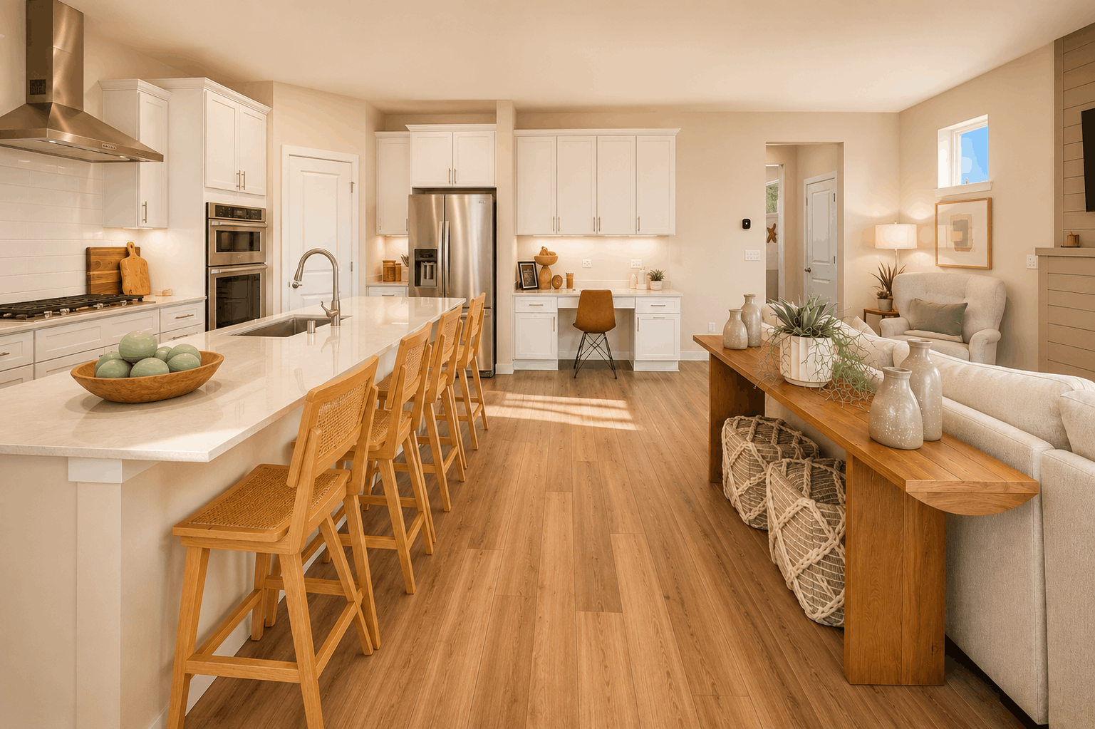 A kitchen with a dining table.