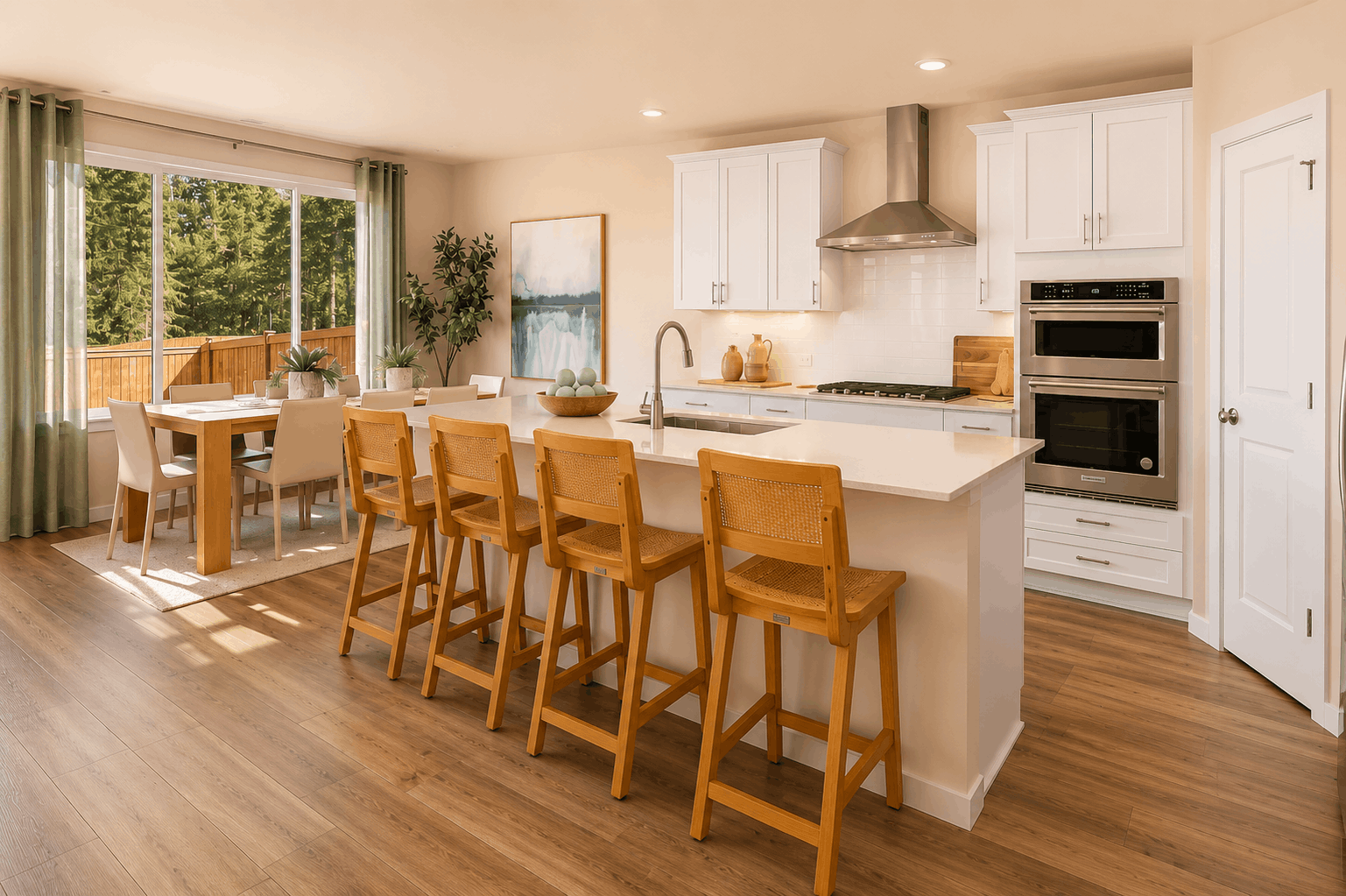 A kitchen with a dining table.