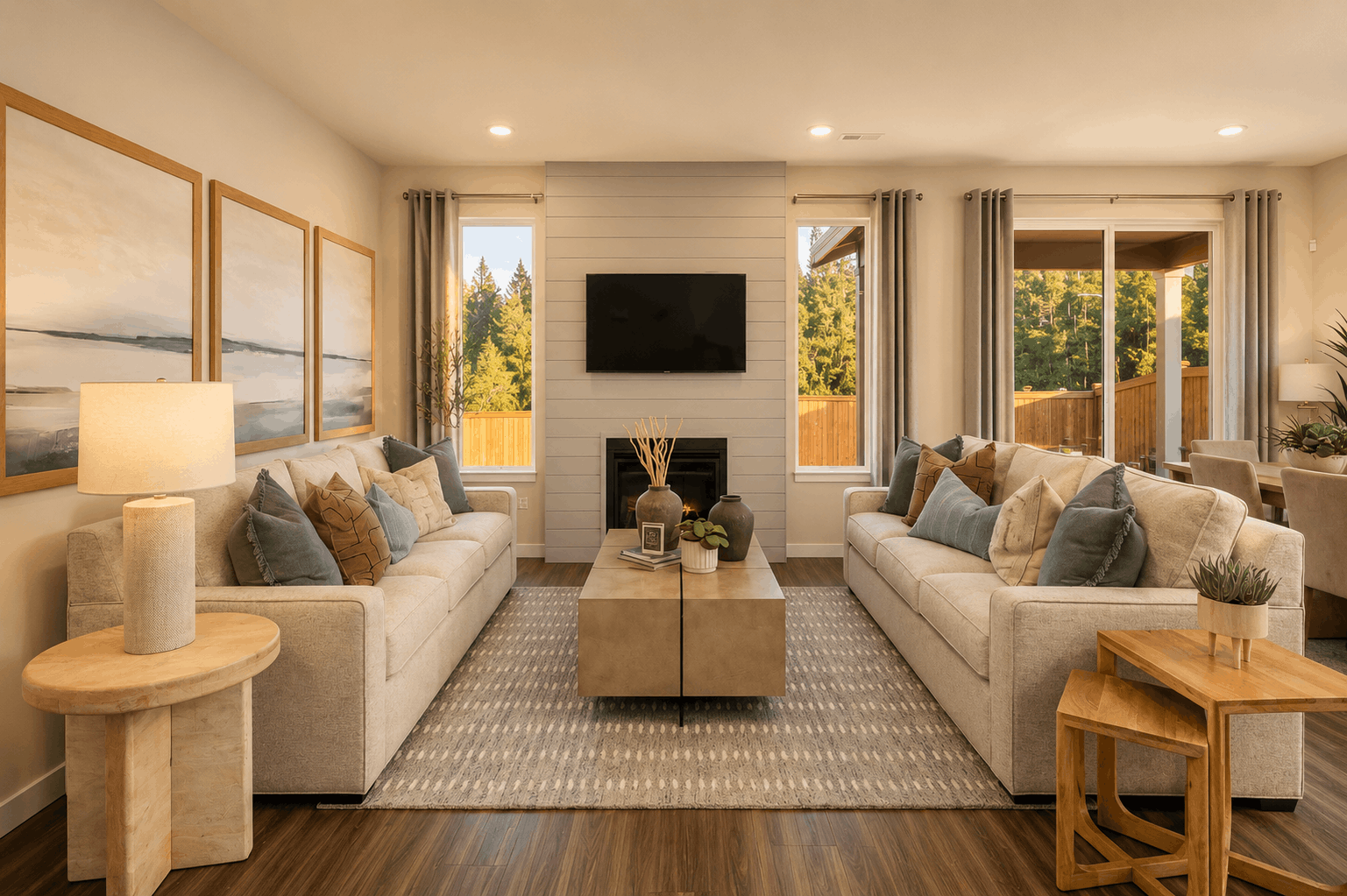 A living room with a fireplace.