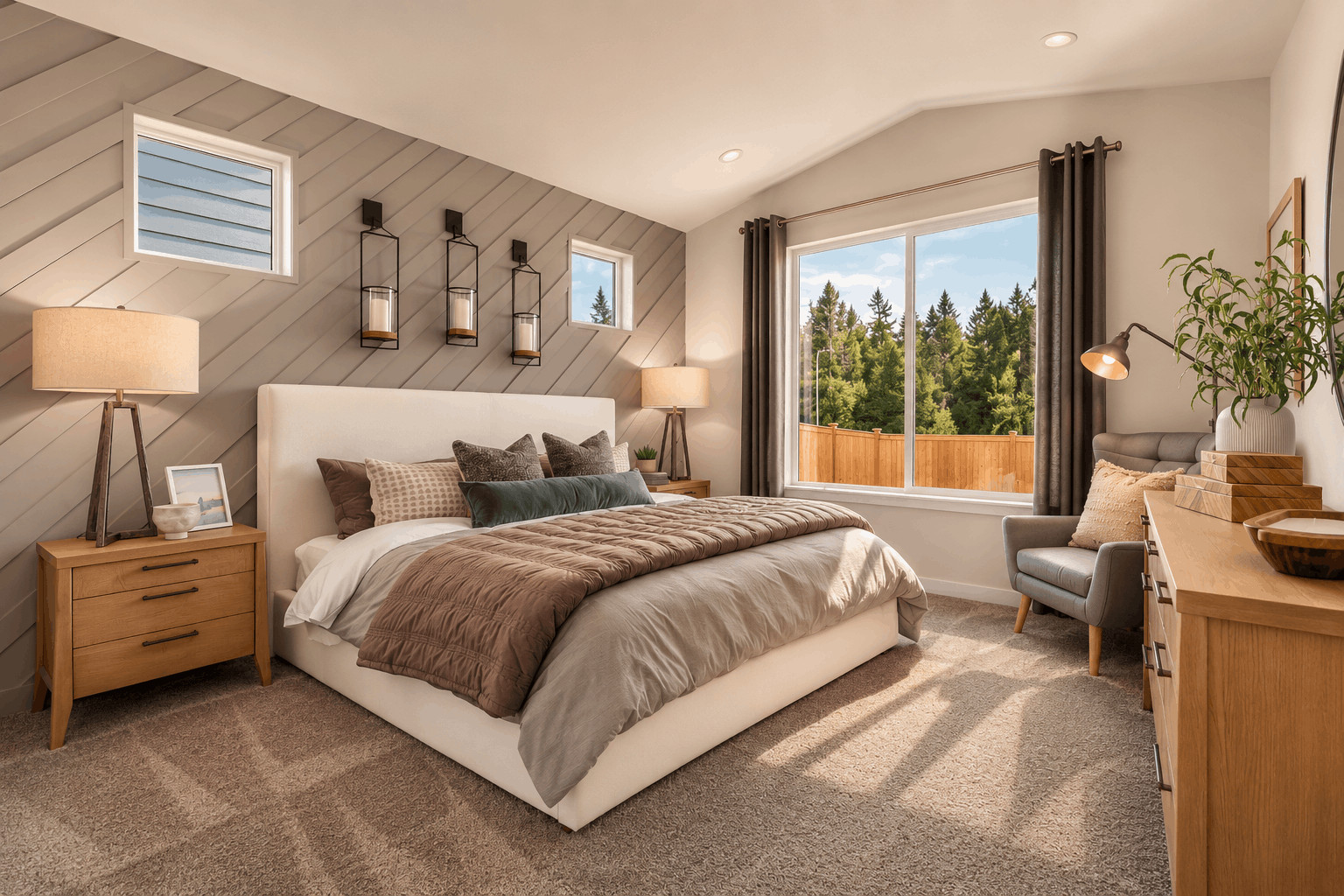 A bedroom with a bed and a chair.