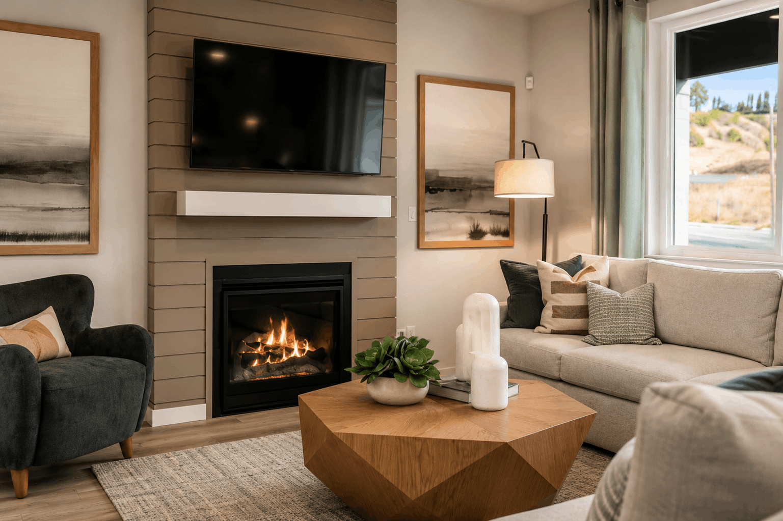 A living room with a fireplace.