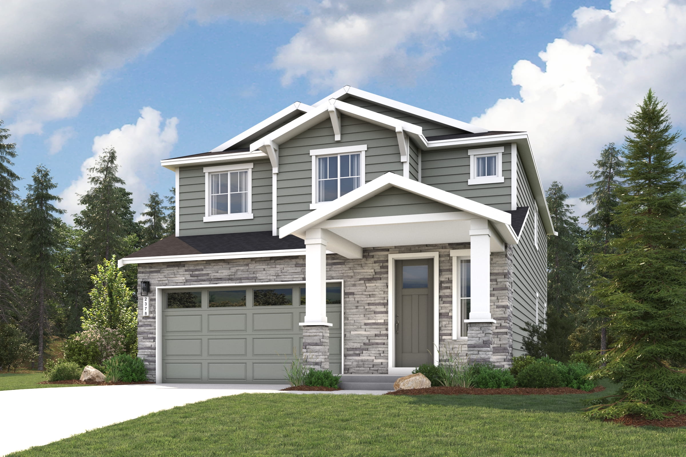 A house with a garage and trees around it.