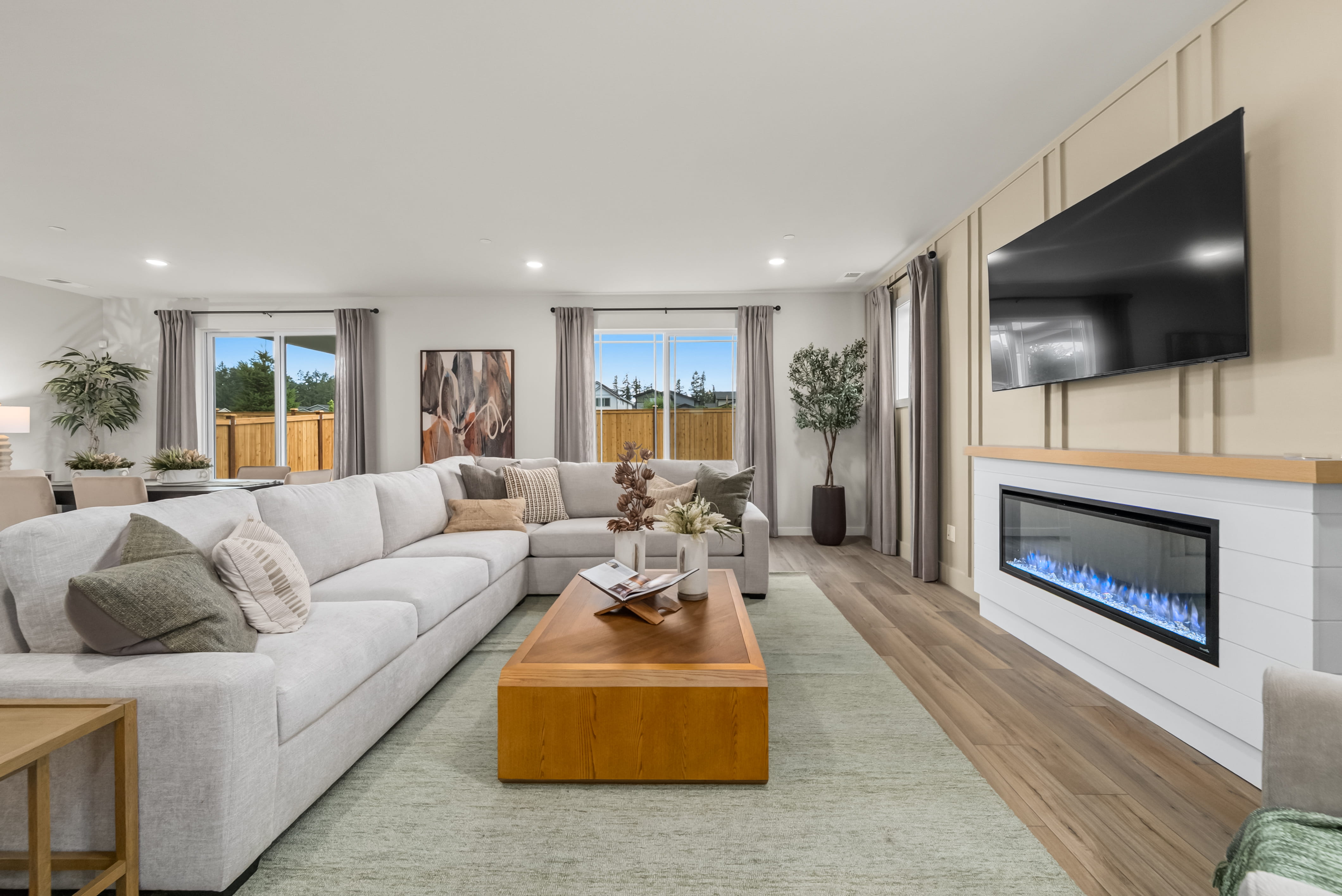 A living room with a fireplace.