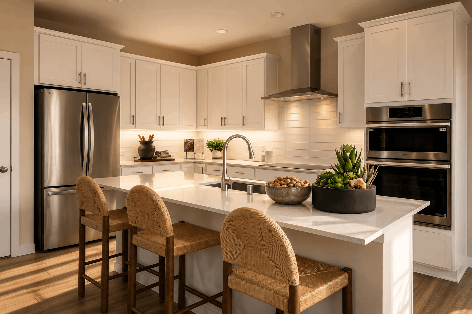 A kitchen with white cabinets.