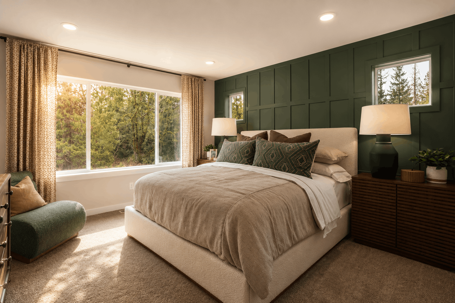 A bedroom with a large bed.