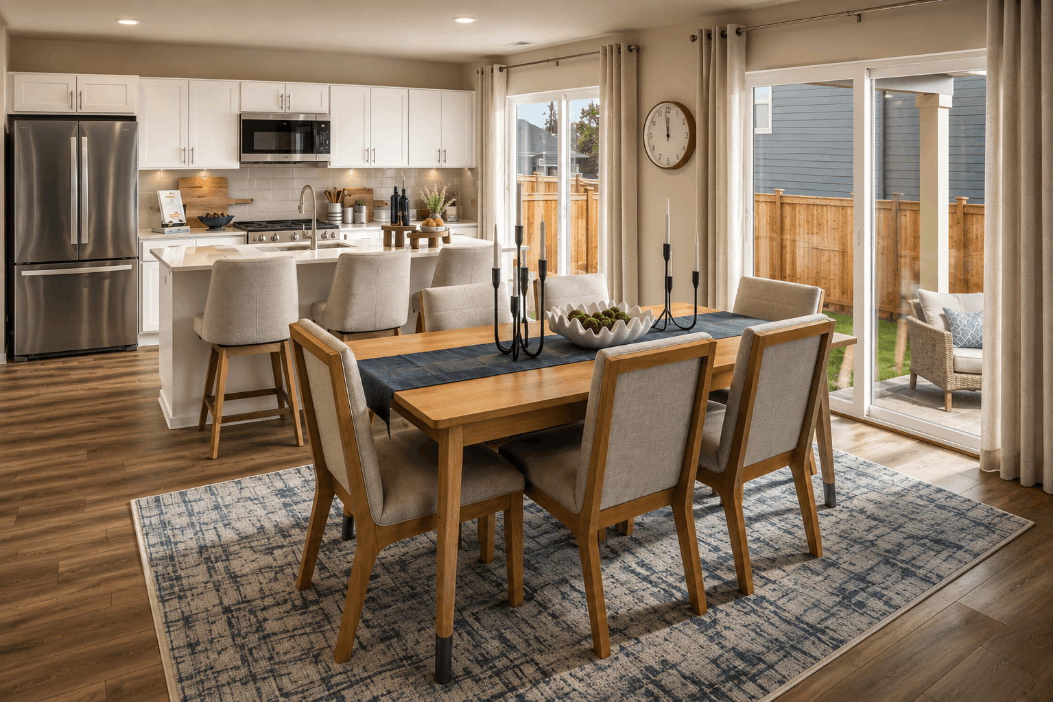 A kitchen with a dining table.