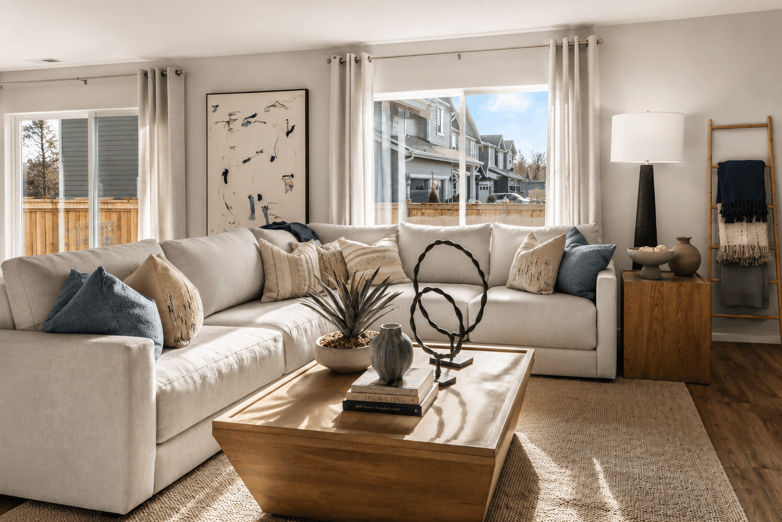 A living room with a large window.