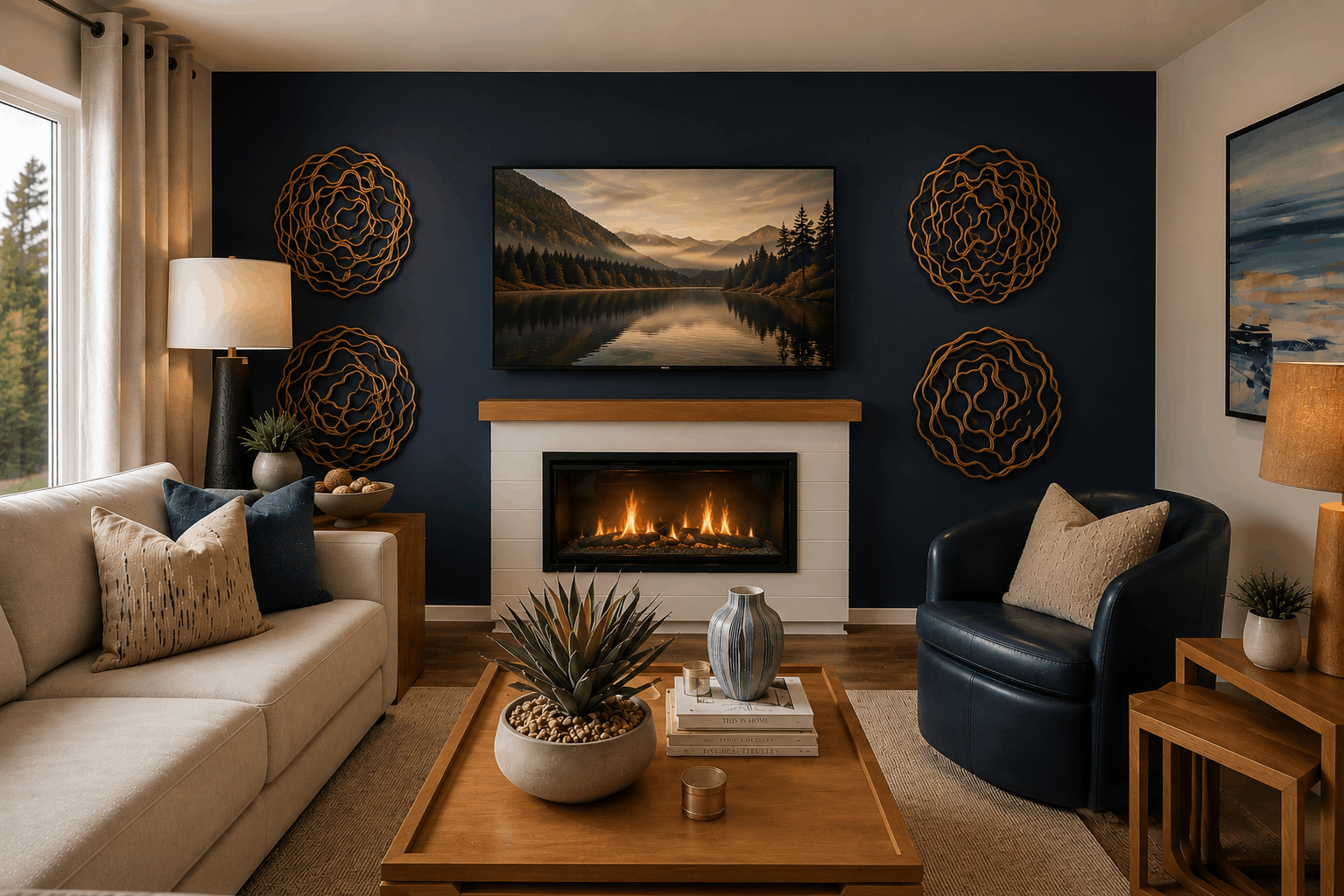 A living room with a fireplace.