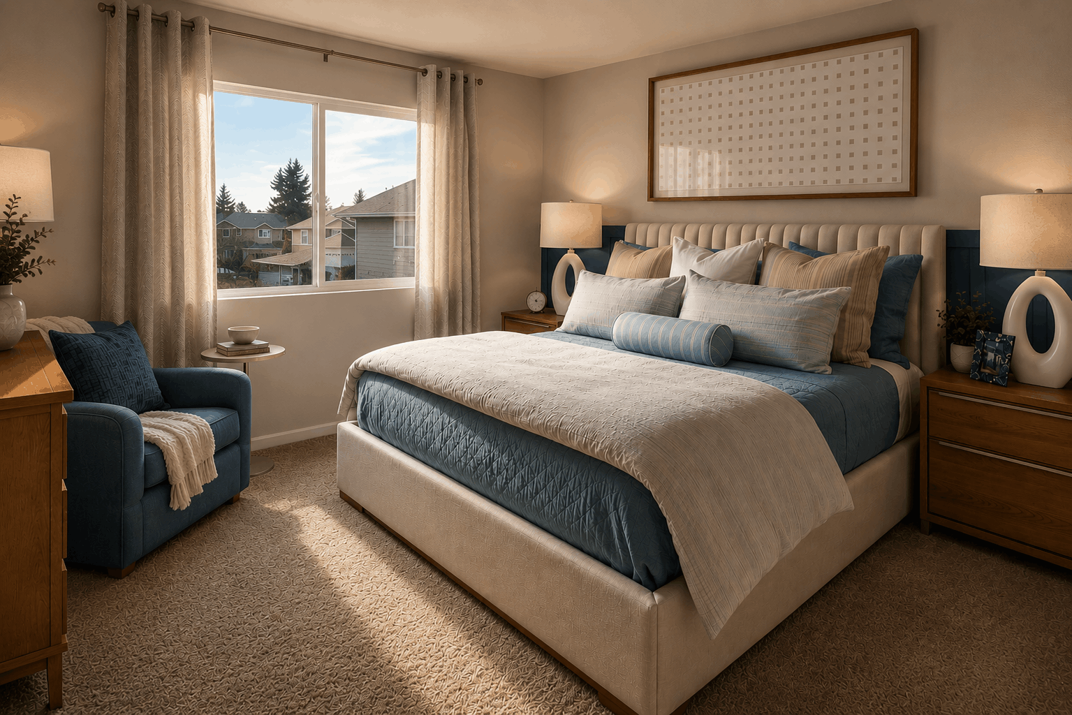 A bedroom with a large window.