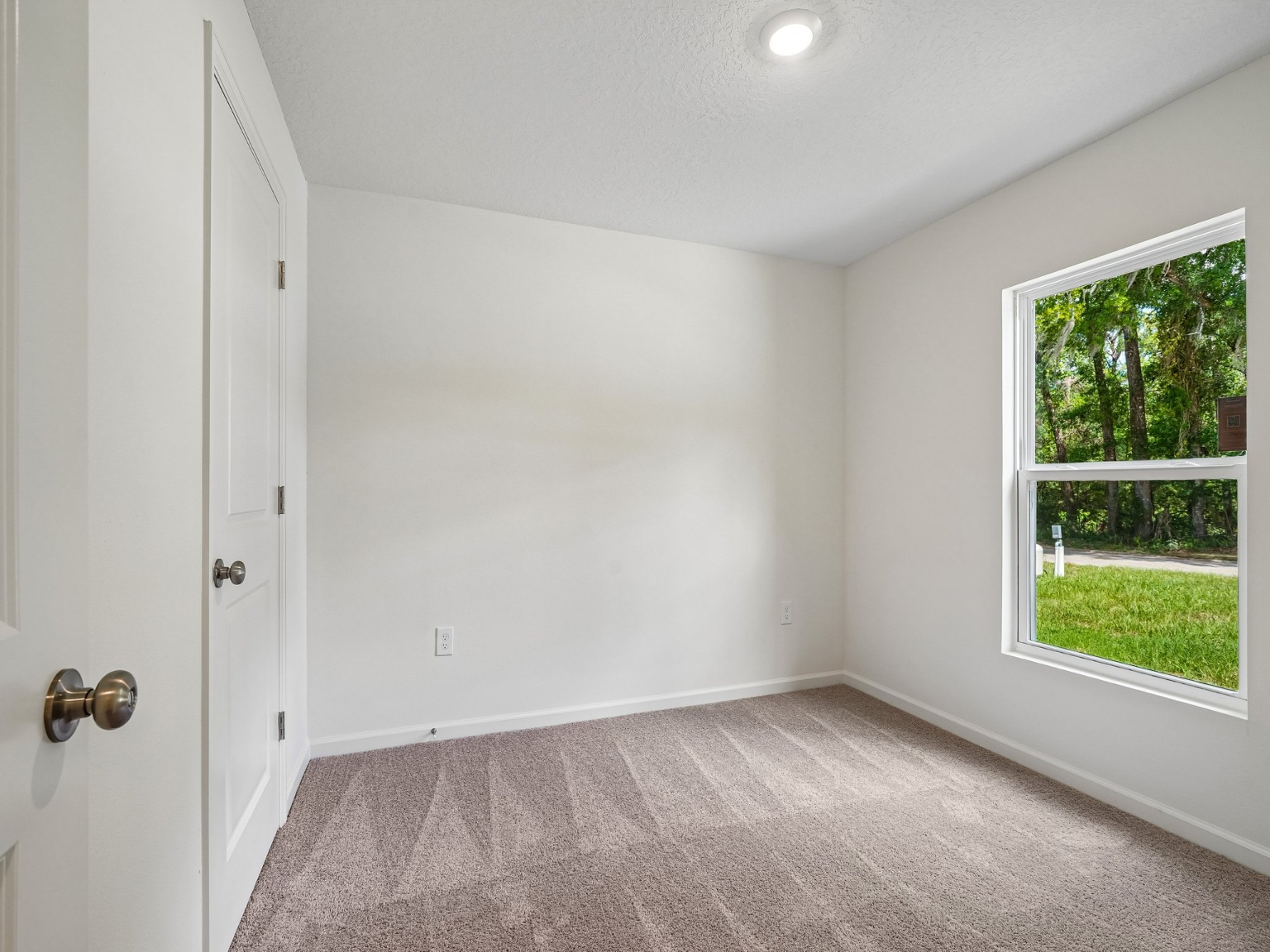 A room with a carpet and a window.