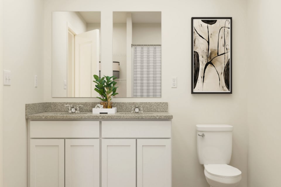 A bathroom with a plant on the counter.