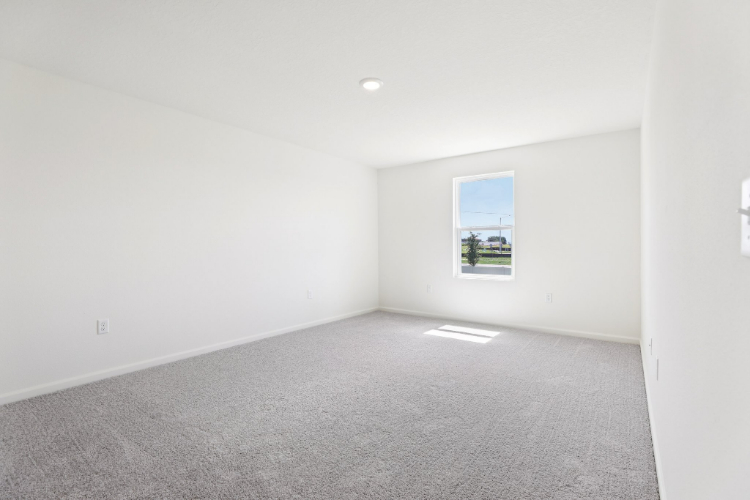 A room with a window and a carpet.