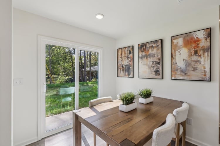 A table with a plant on it.