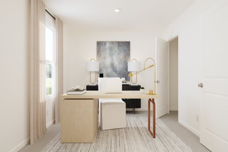 A room with a desk and a lamp.