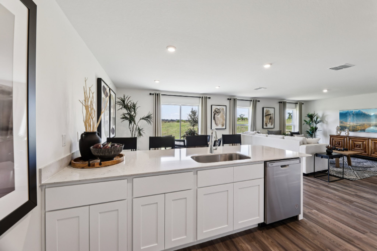 A kitchen with white cabinets.
