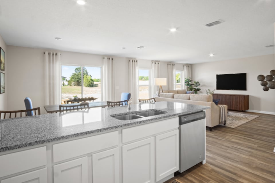 A kitchen with a large island.