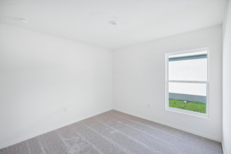 A room with a window and a carpet.