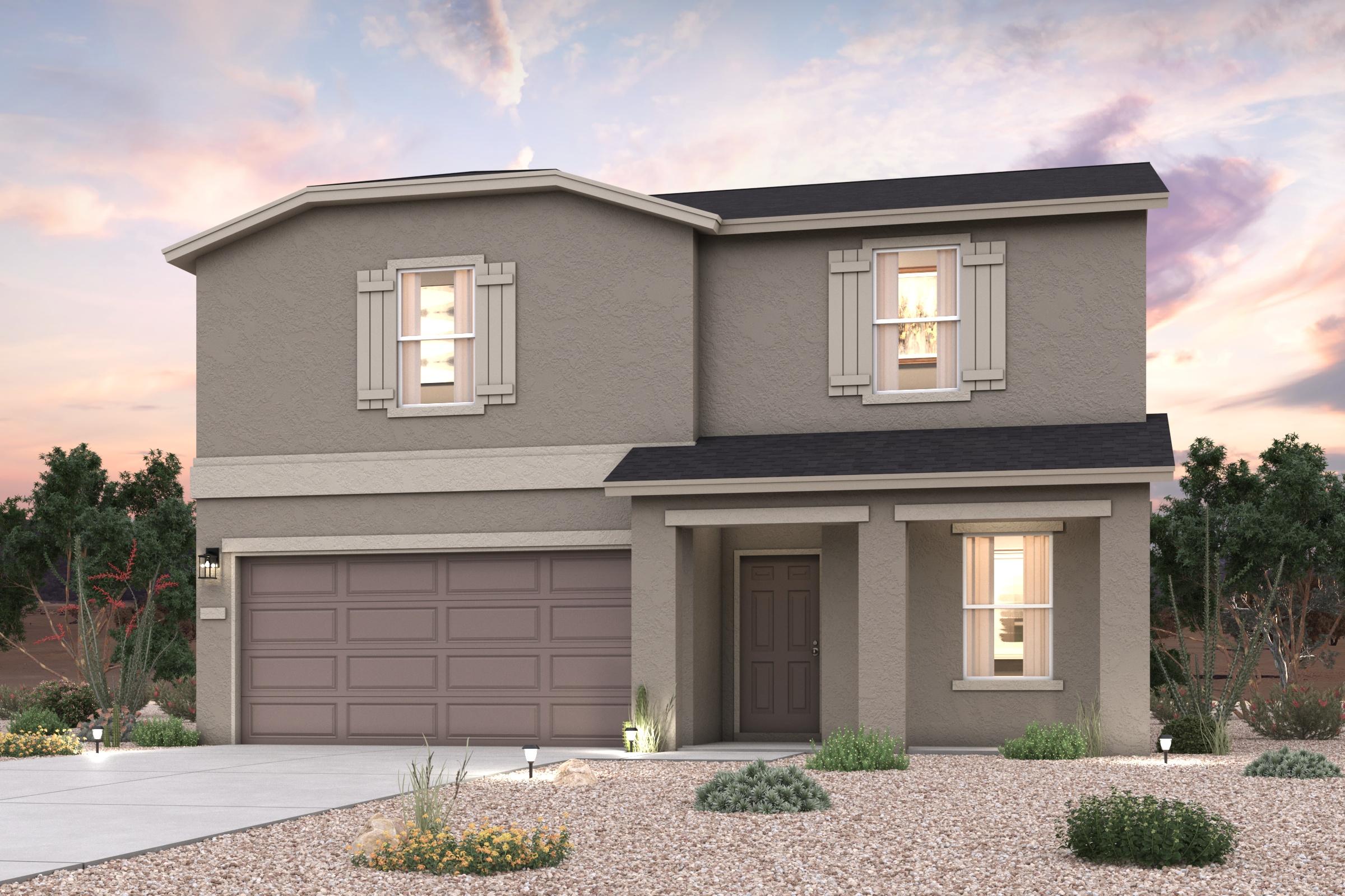 A grey house with a garage.