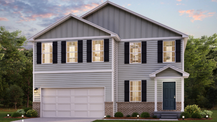 A white house with black shutters.