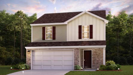A house with a garage and trees in the back.