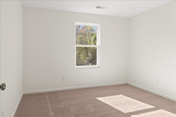 A room with a window and a rug.