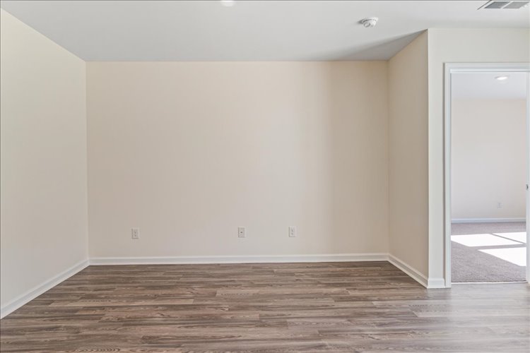 A room with a wood floor and a white door.