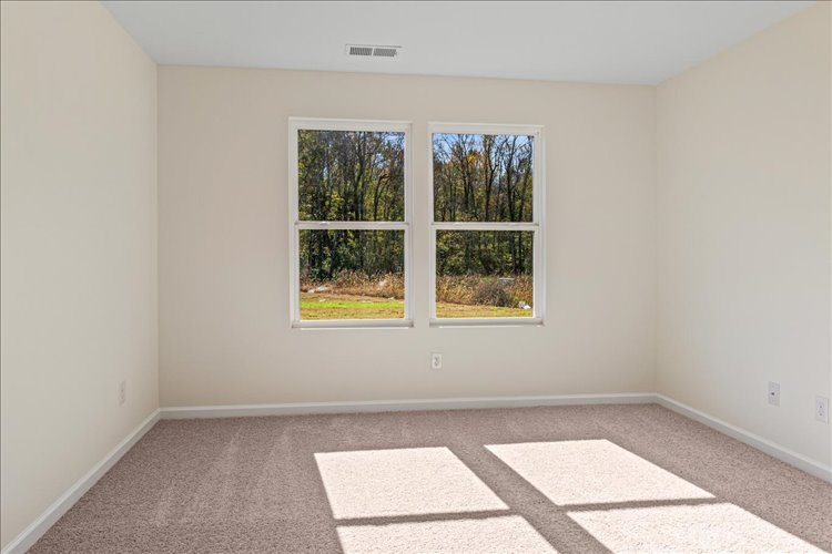 A room with a window and a rug.