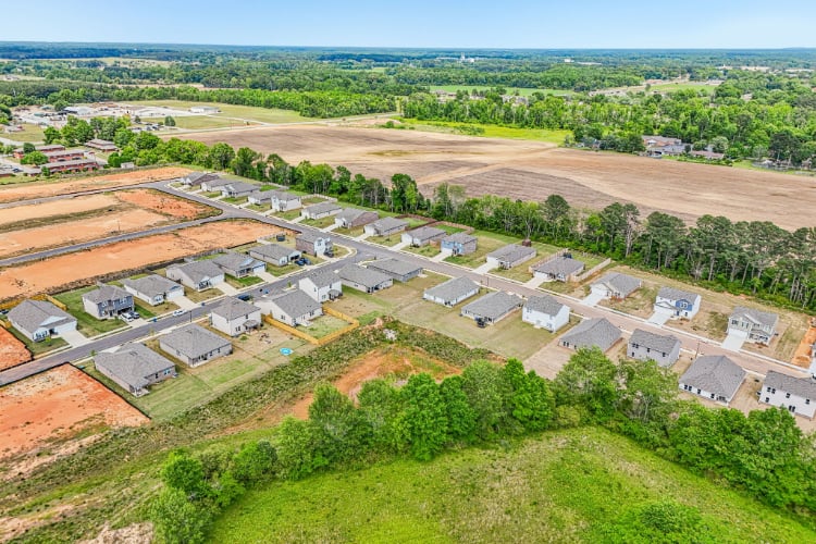 A group of houses in a field.