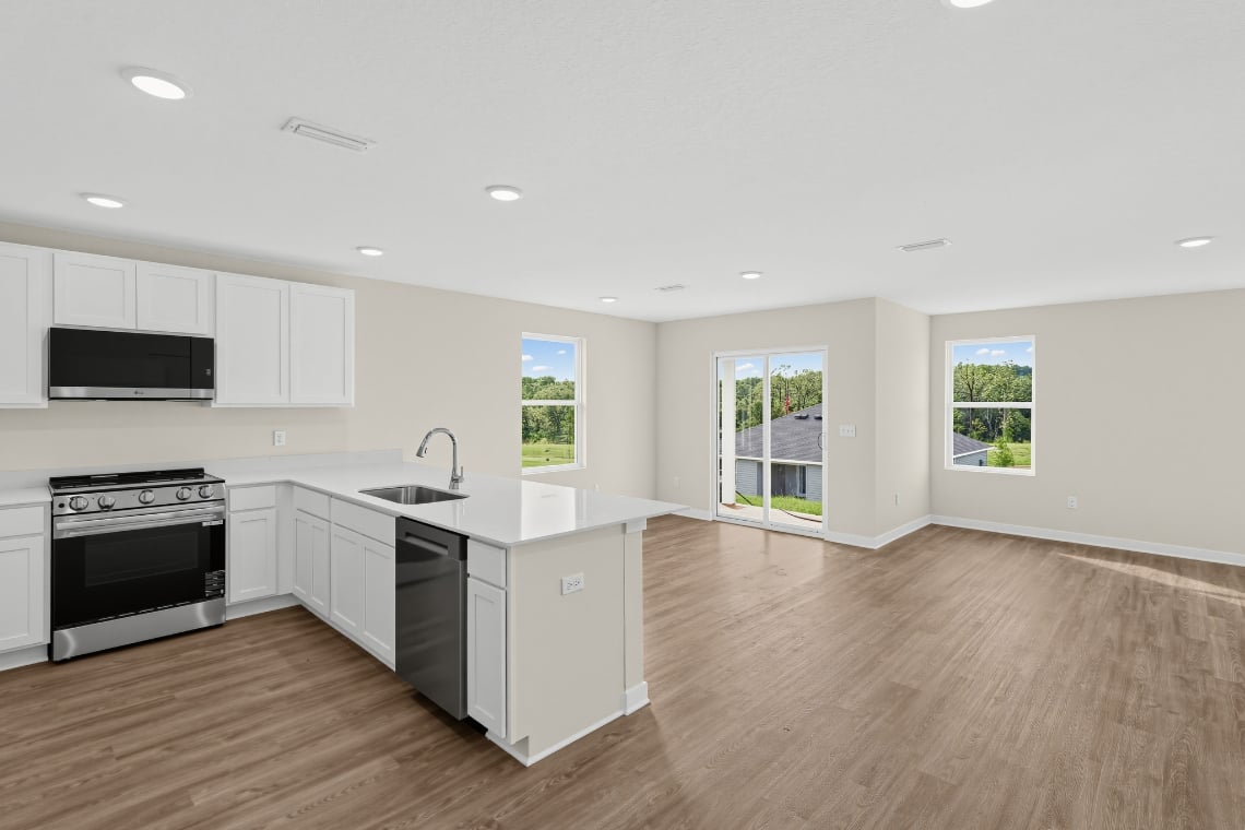 A kitchen with white cabinets.