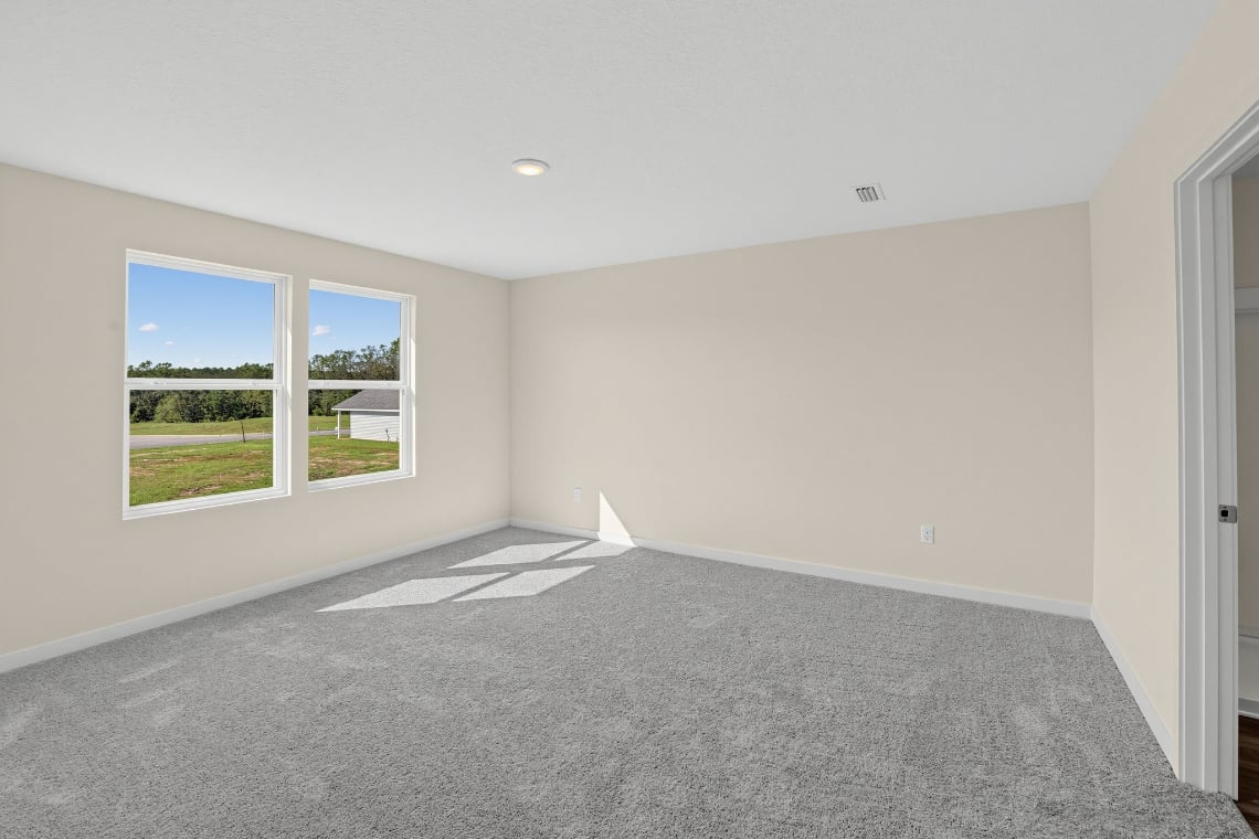 A room with a carpet and windows.