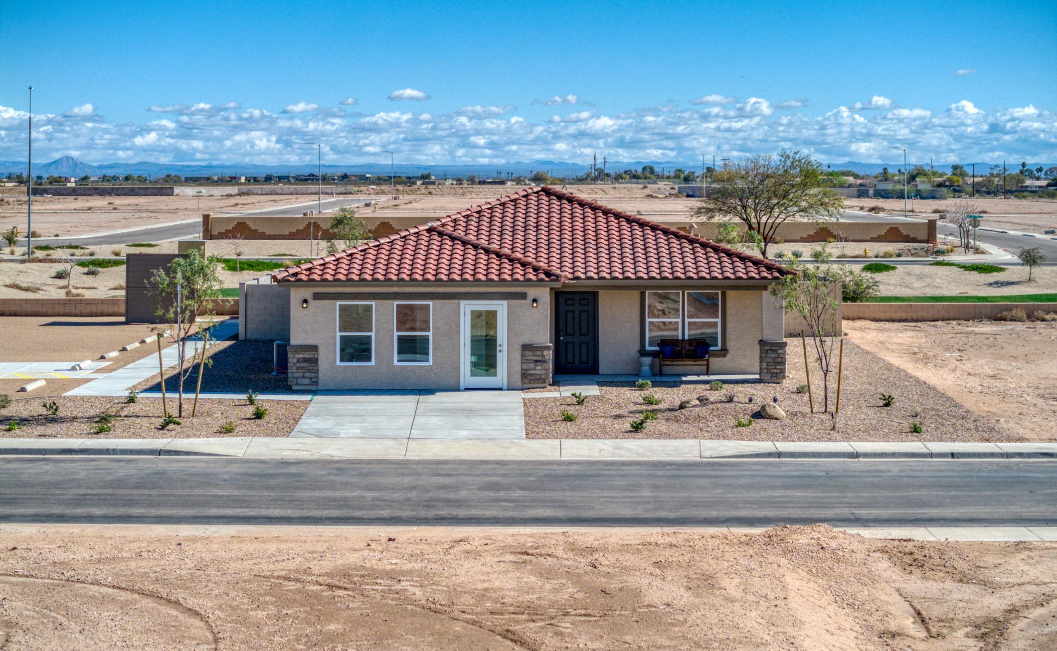 A house with a red roof.