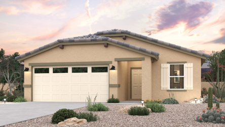 A house with a garage and a gravel driveway.