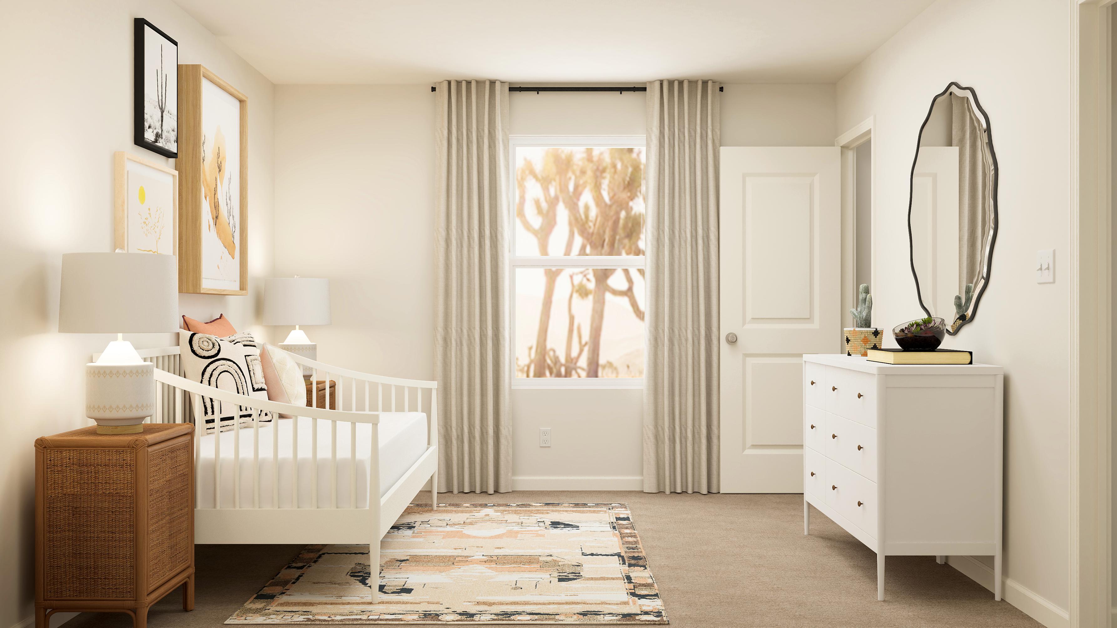 A bedroom with a bed and a mirror.