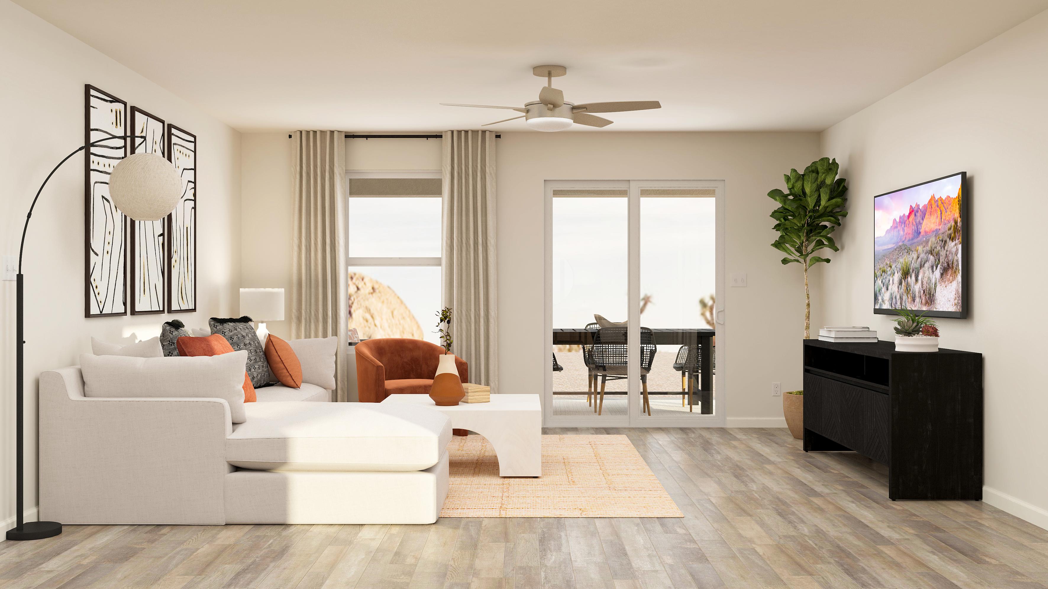 A living room with a large window.