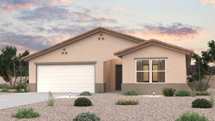 A house with a garage and bushes in front of it.