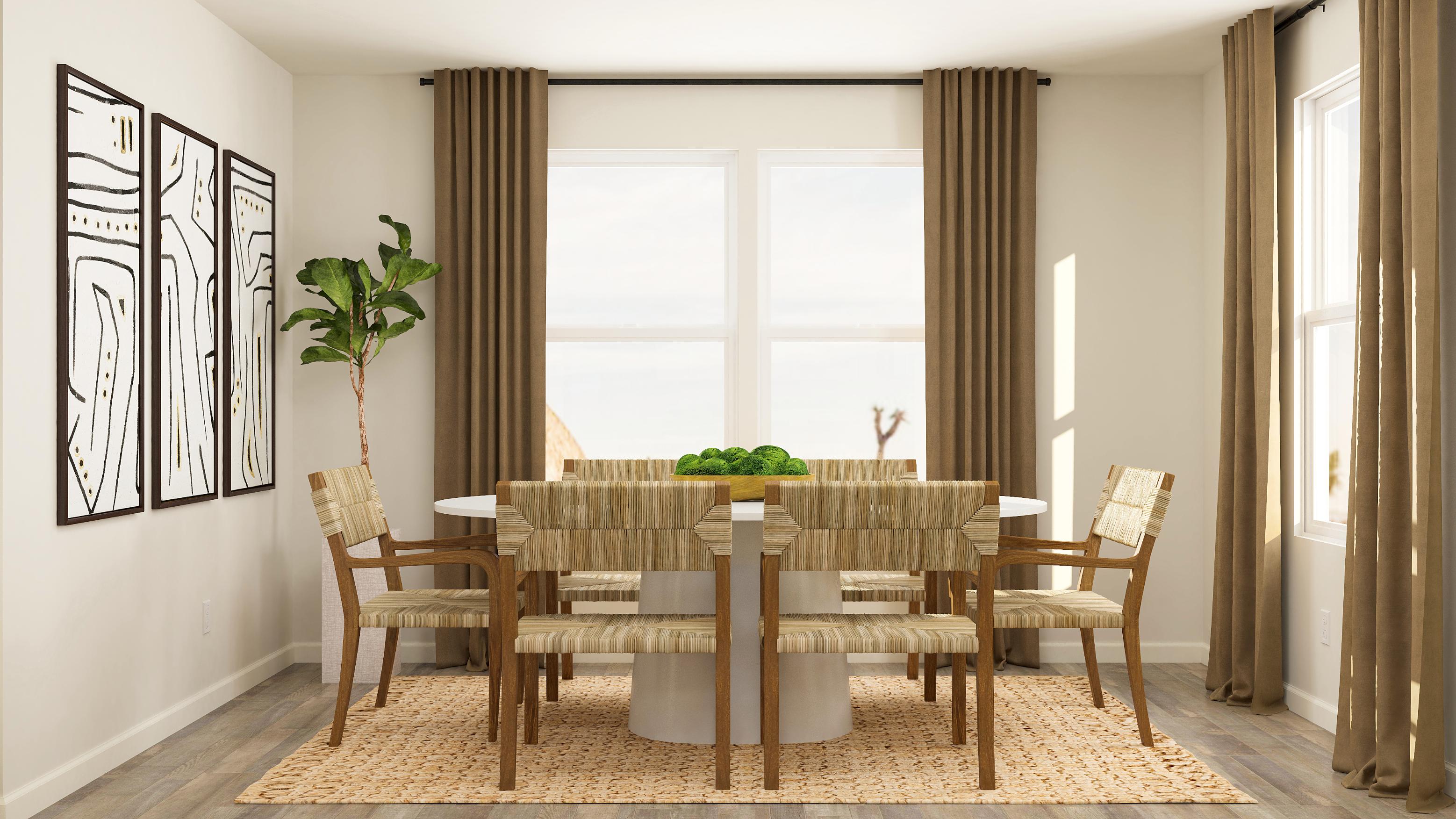 A dining room with a table and chairs.