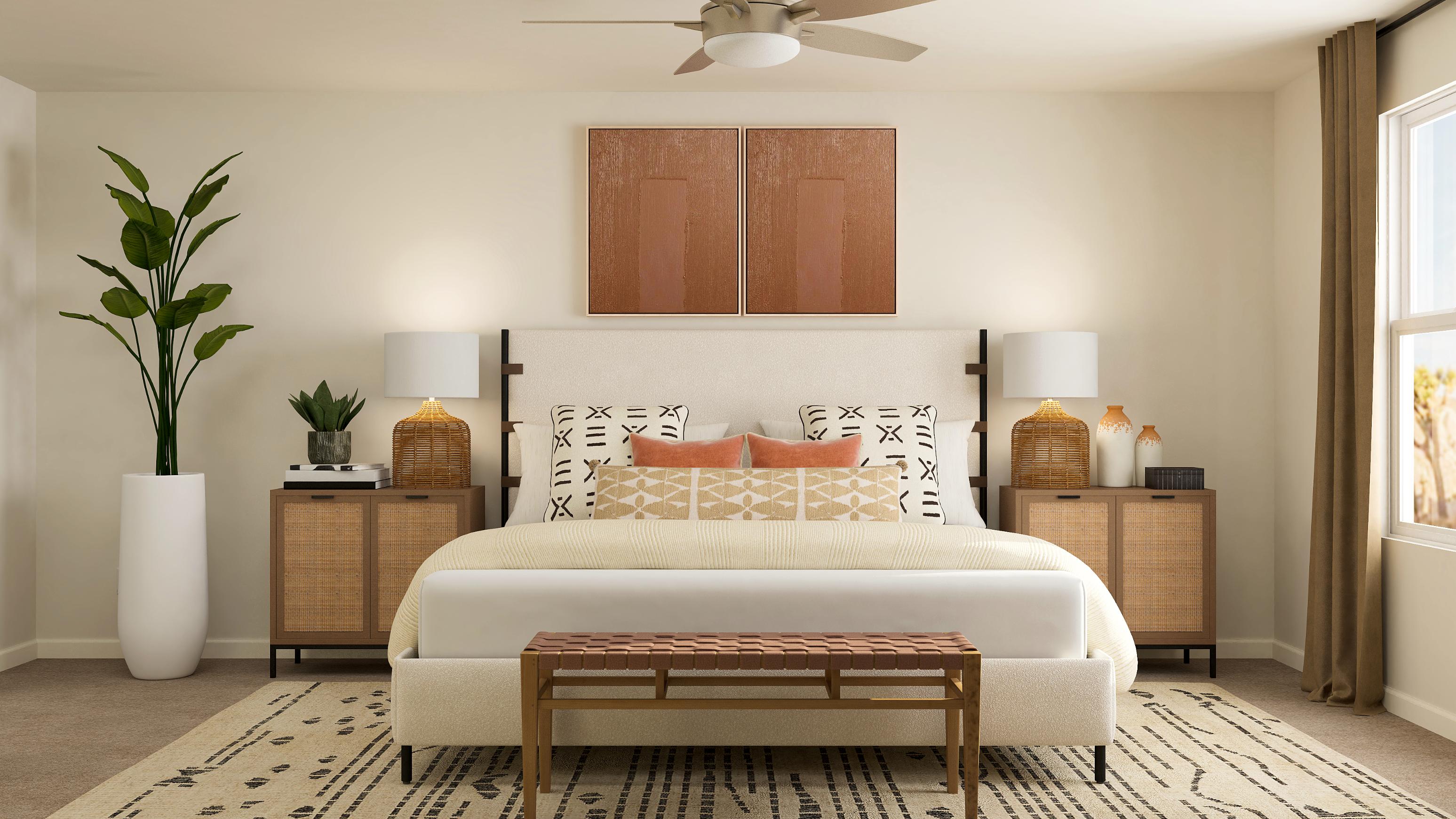 A bedroom with a bed and a table.