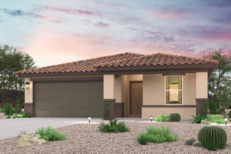 A house with a garage and bushes in front of it.