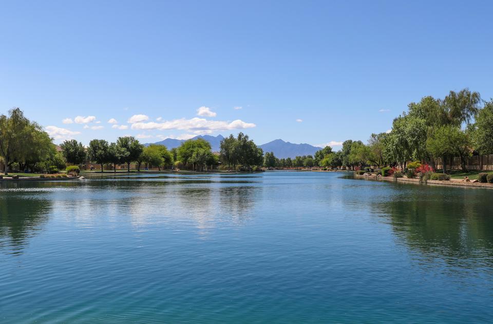 A body of water with trees around it.