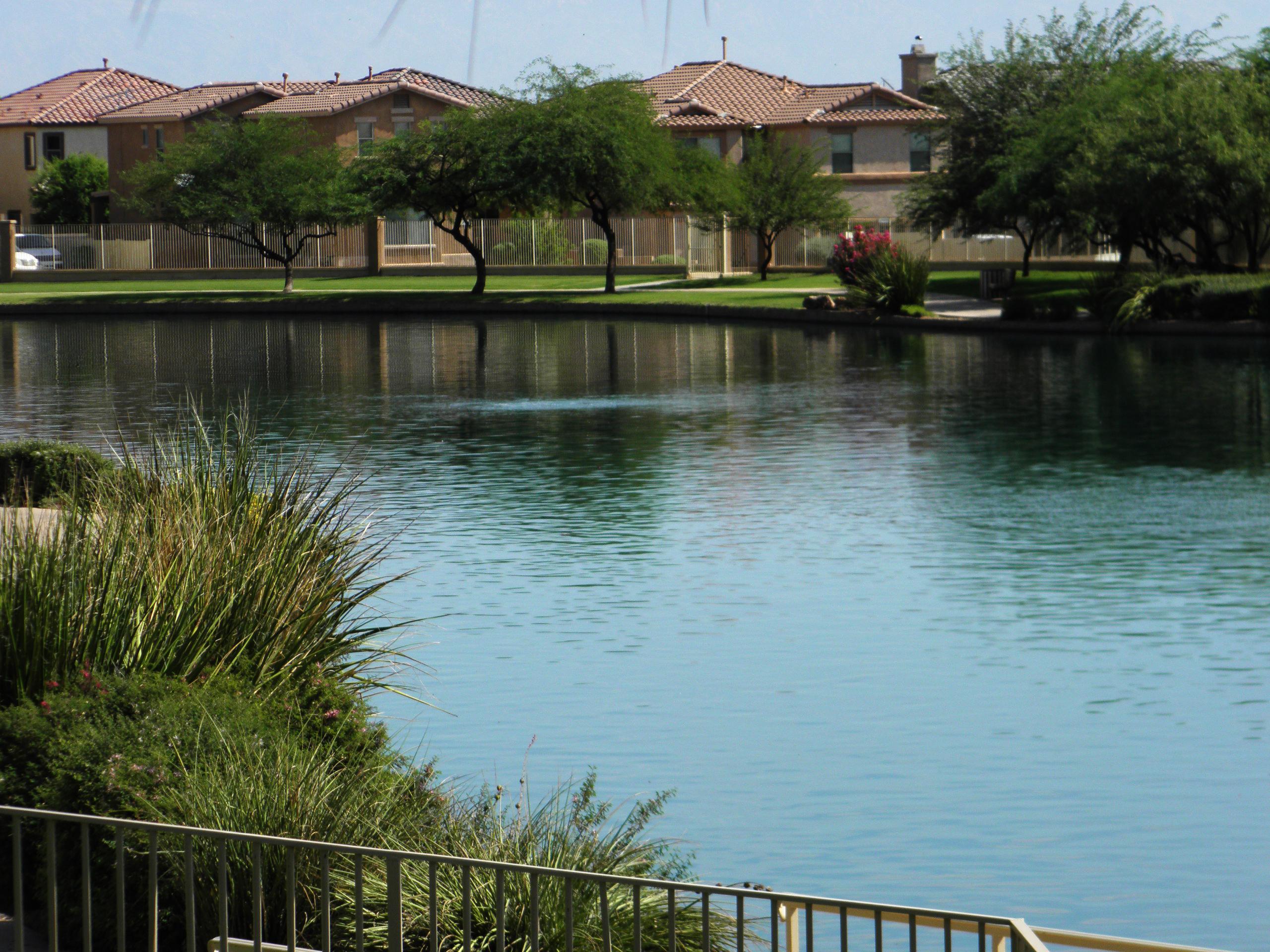 A body of water with buildings in the background.