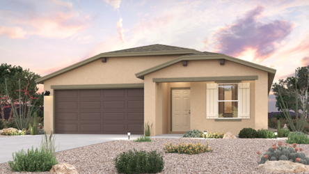 A house with a garage and bushes.